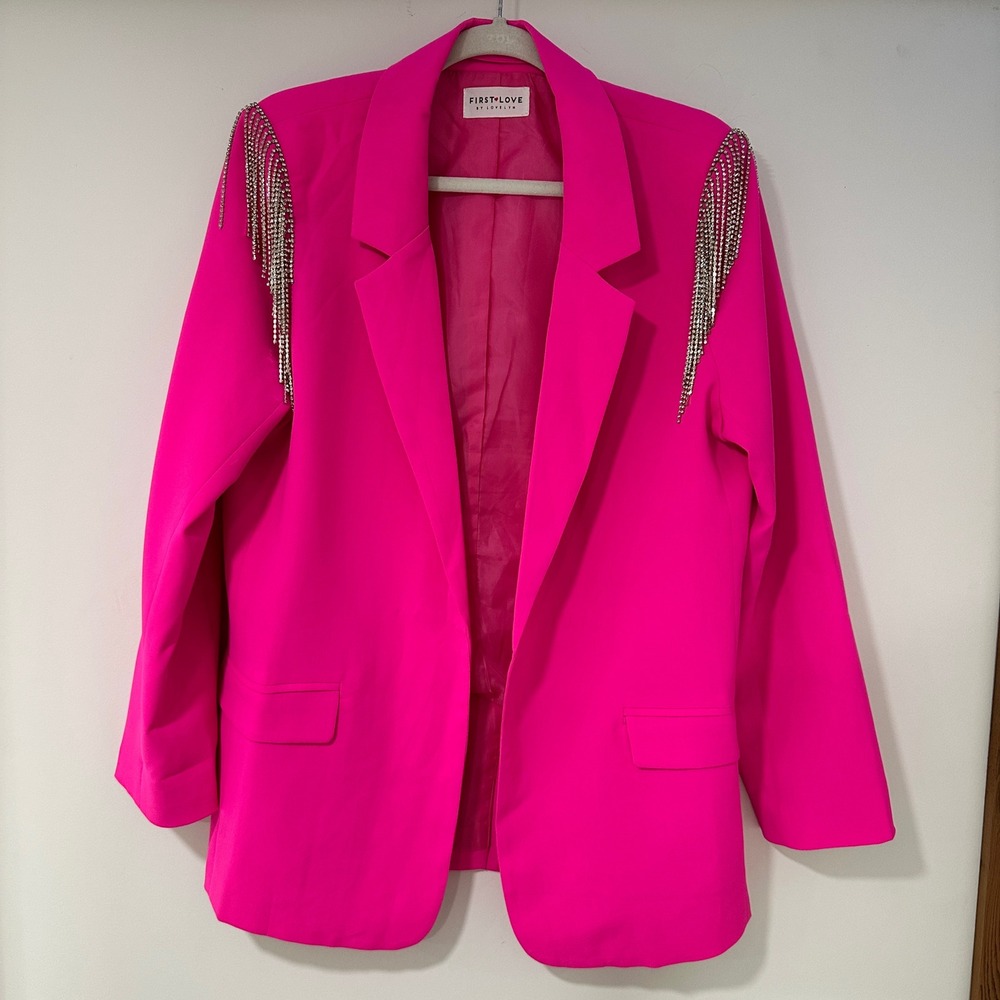 First Love by Lovelyn Rhinestone Fringe Blazer Womens Large Pink Glam Barbiecore
